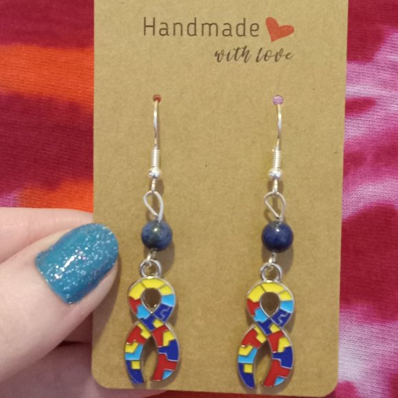 Handmade Autism Awareness Ribbon Earrings - Picture 2 of 5